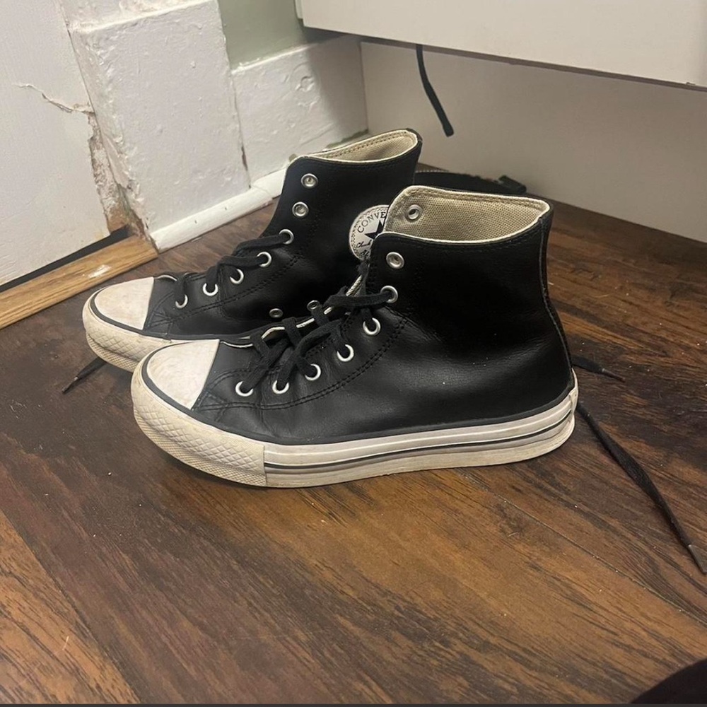 Converse Black High Top Leather Sneakers with White Accents